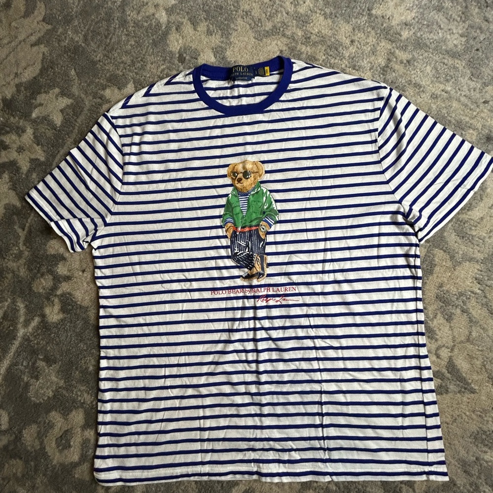 Polo by Ralph Lauren Blue and White Striped Tee with Bear